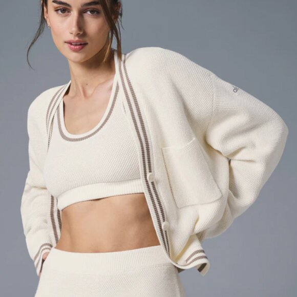 ALO Yoga Tennis Club Sweater Knit Cardigan in Ivory/Gravel - Picture 1 of 8